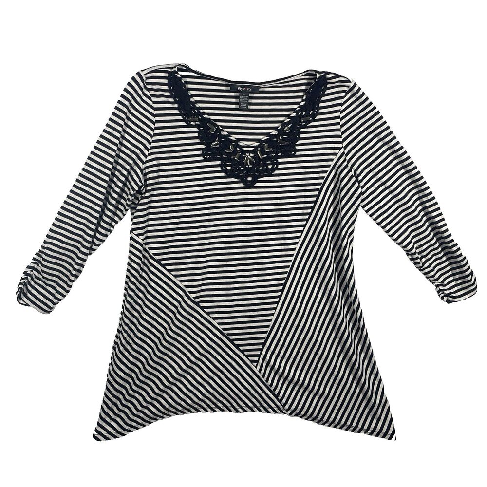 Style & Co Blouse XL Striped Rhinestone Asymmetrical 3/4 Sleeve Y2K Angled Hem
